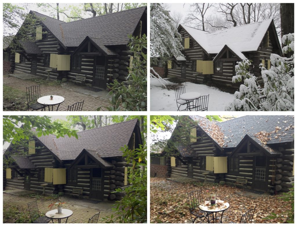 Collage of 4 pictures of cabin during 4 seasons