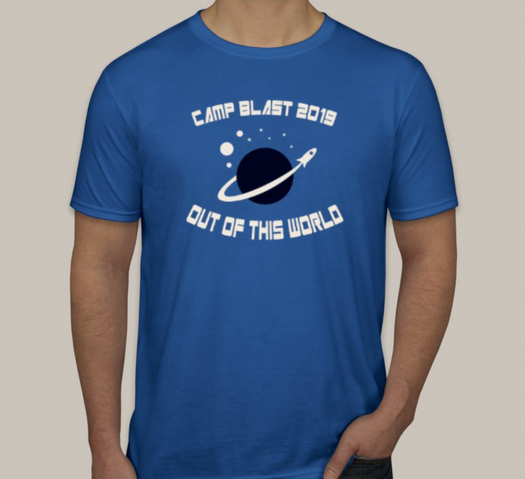closeup of t-shirt logo with spaceship orbiting a planet