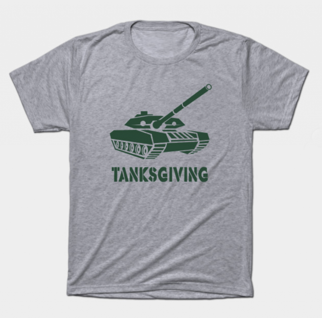 green tank graphic on gray t-shirt