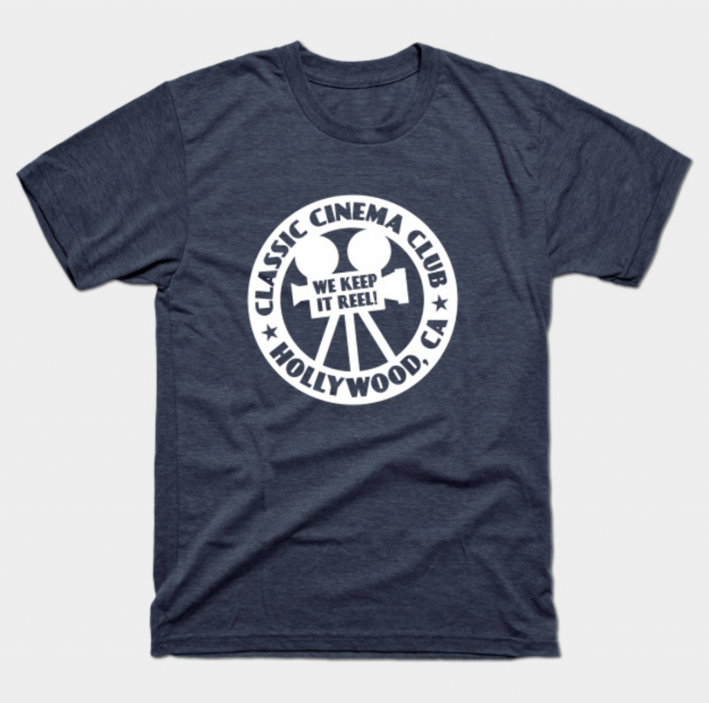 film camera logo on dark blue t-shirt