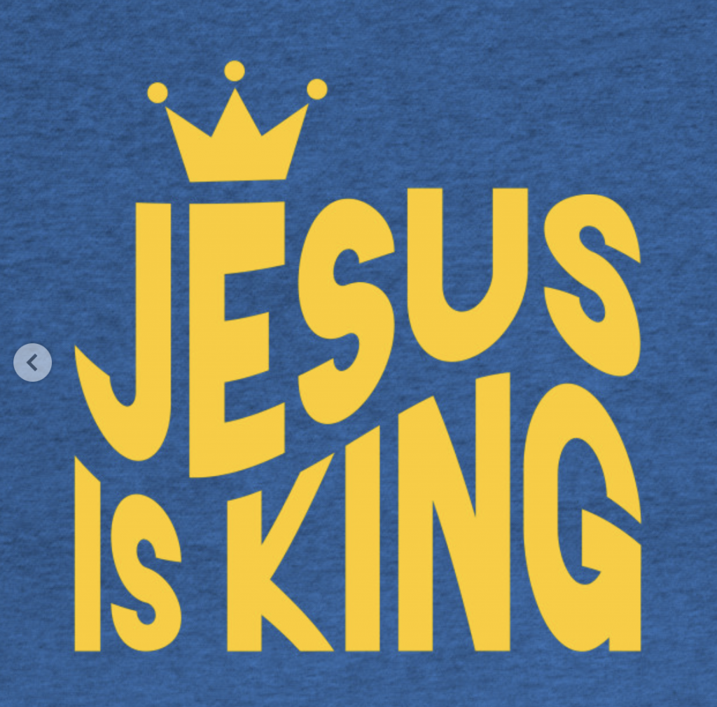 Jesus Is King yellow logo text on blue background