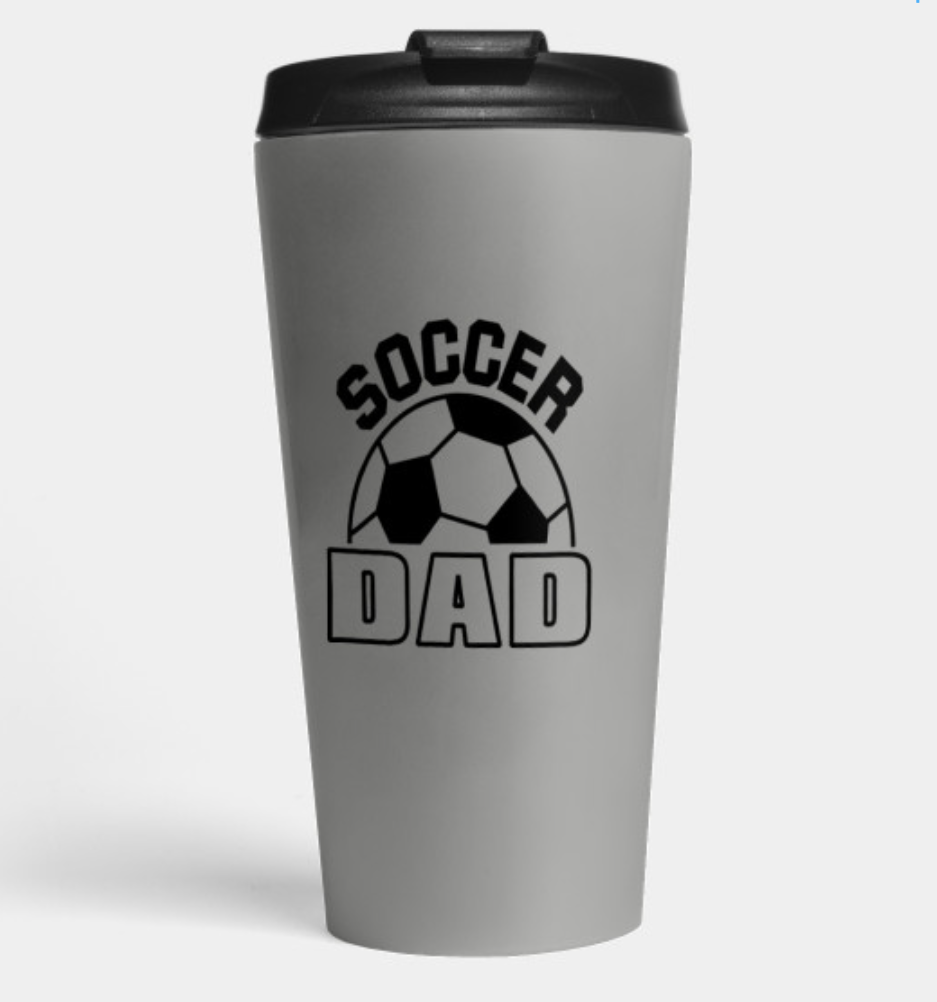 soccer ball design on gray travel mug