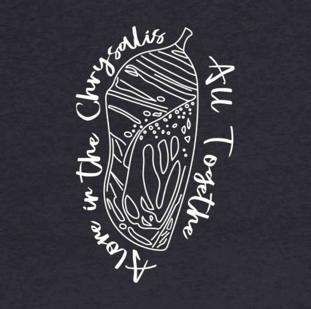 chrysalis graphic surrounded by text on gray backdrop