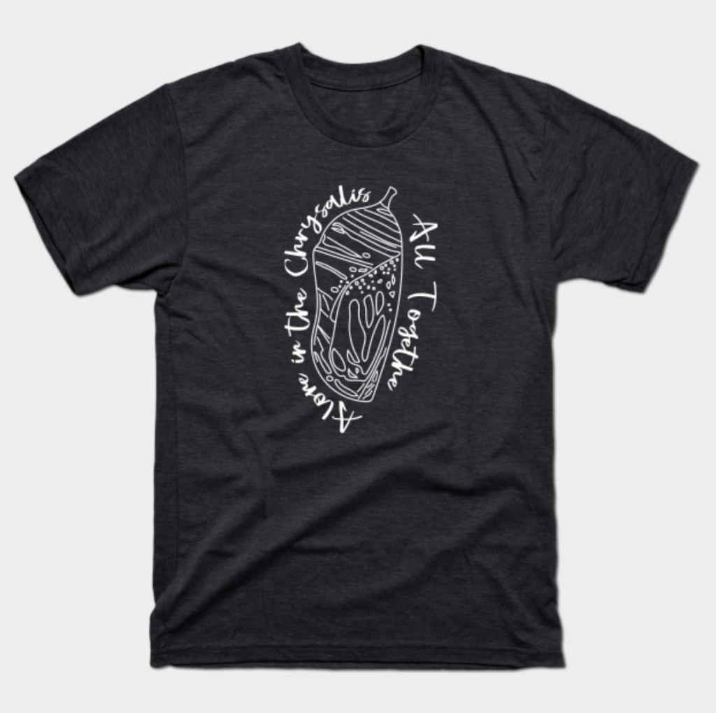 chrysalis graphic surrounded by text on gray t-shirt mockup