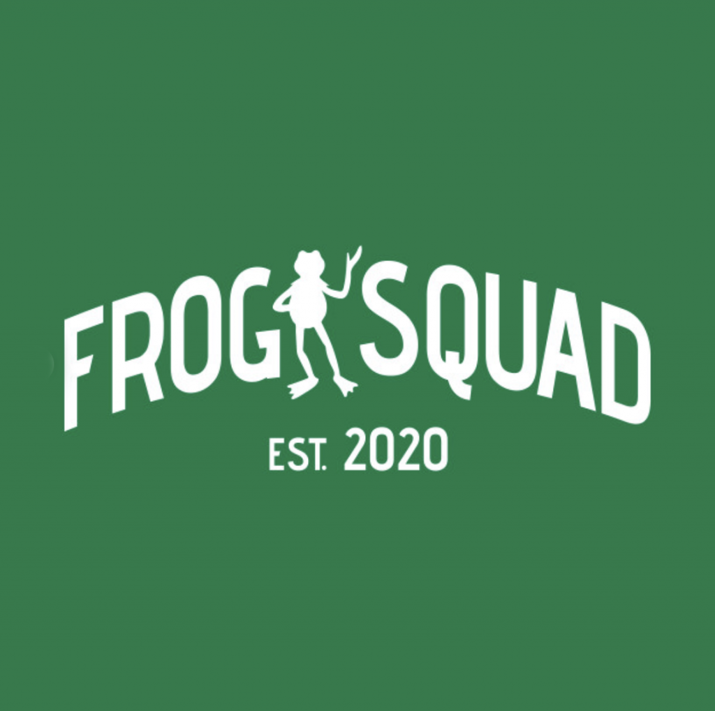 white text with frog silhouette on green background