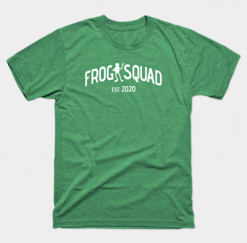 white text with frog silhouette on green t-shirt mockup