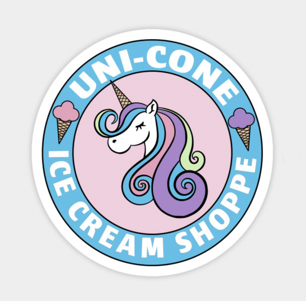 unicorn graphic with circle text on sticker mockup