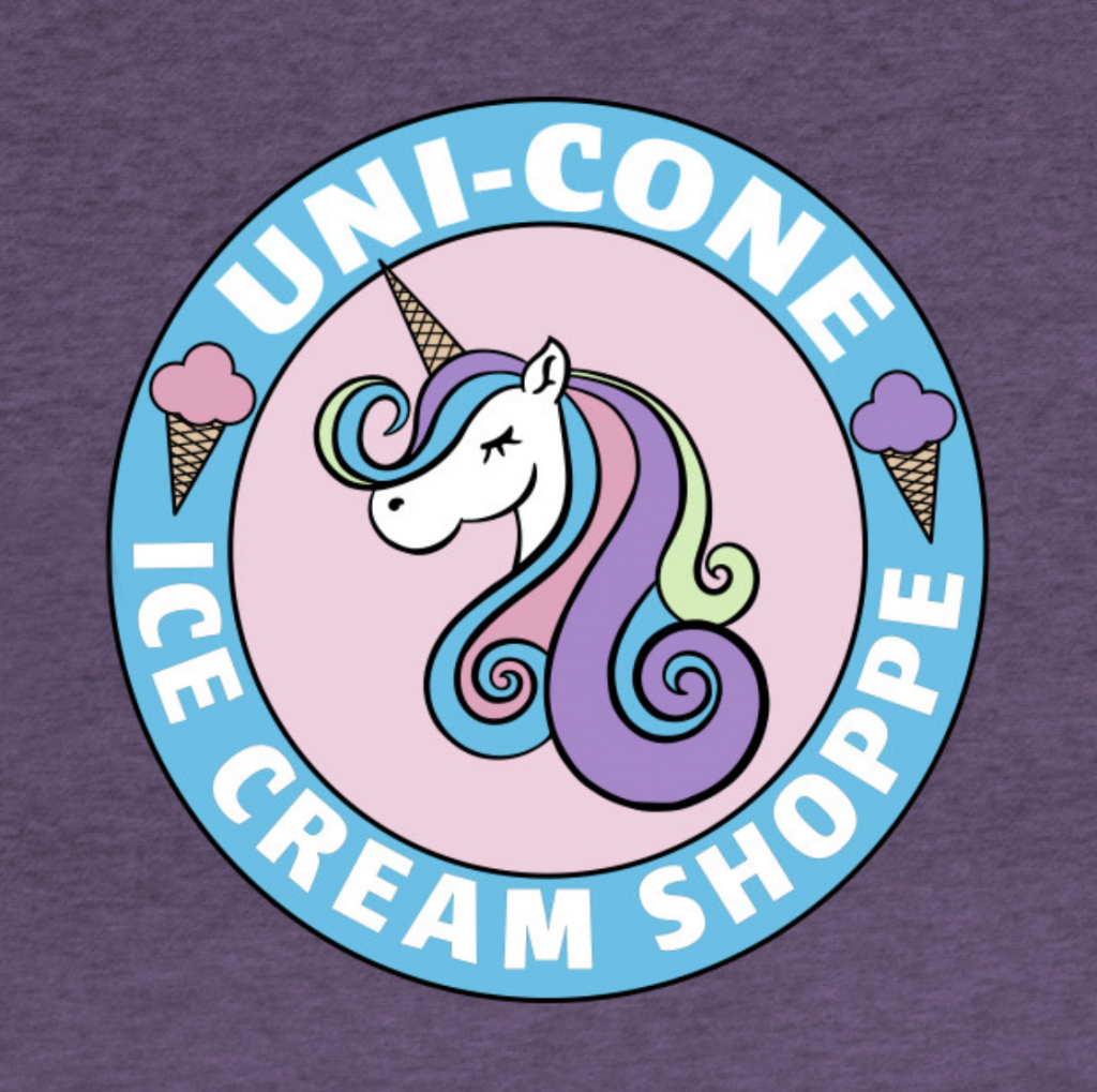 unicorn graphic with circle text on purple background
