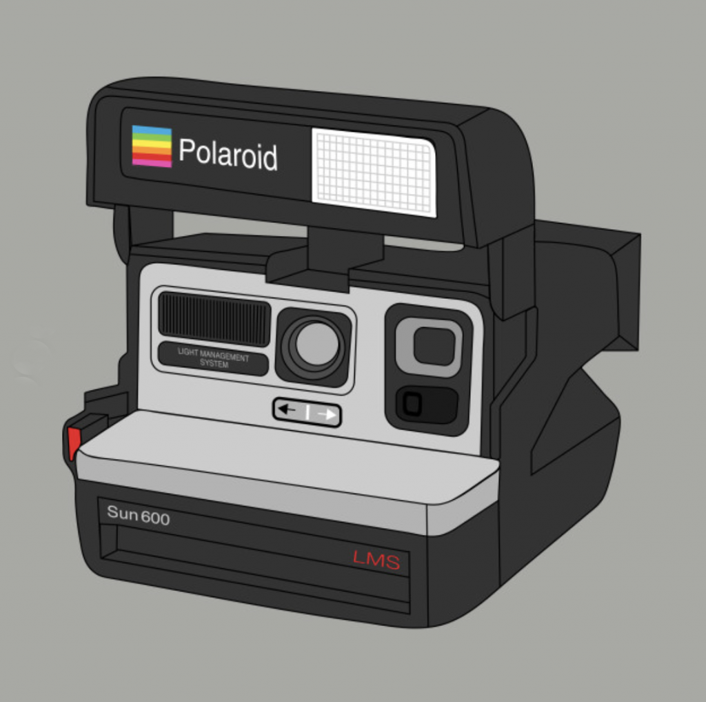 Polaroid camera illustration on gray background