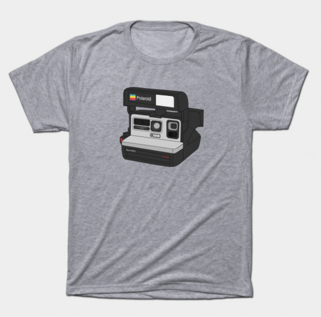Polaroid camera illustration on gray t-shirt mockup