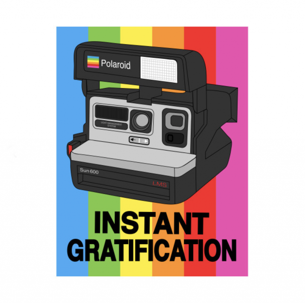 Polaroid camera illustration on rainbow background