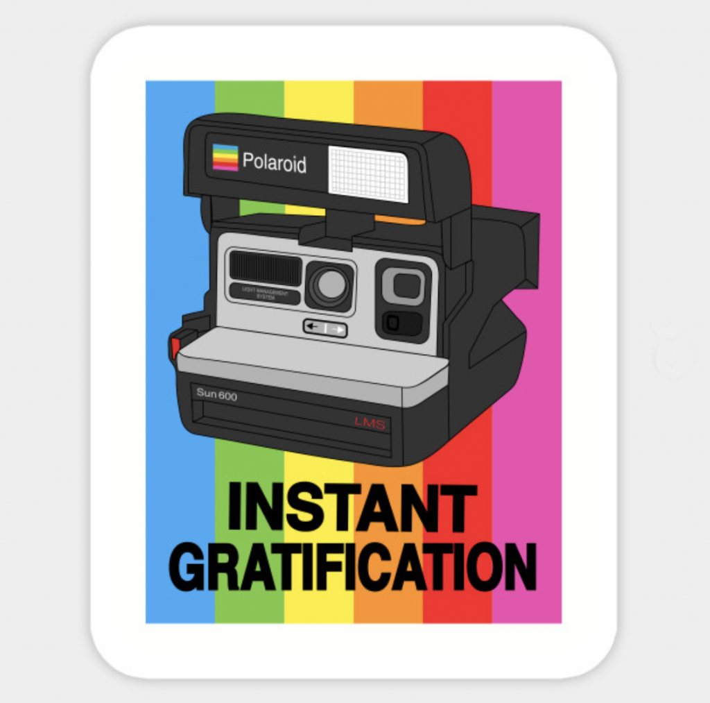 Polaroid camera illustration on rainbow sticker mockup
