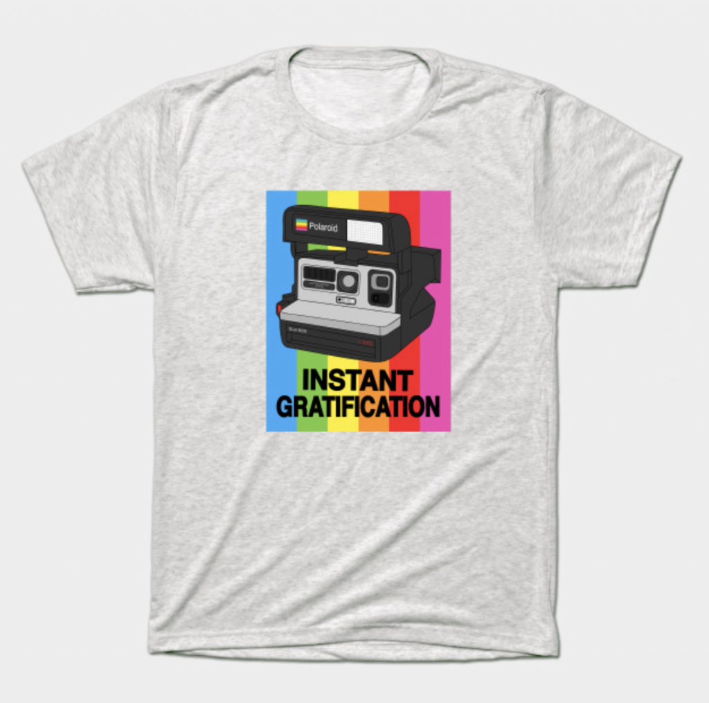 Polaroid camera illustration on rainbow white t-shirt mockup