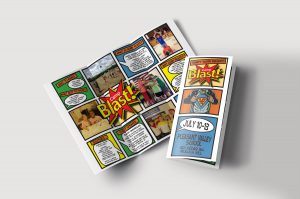 comic book themed brochure design mockup with pictures