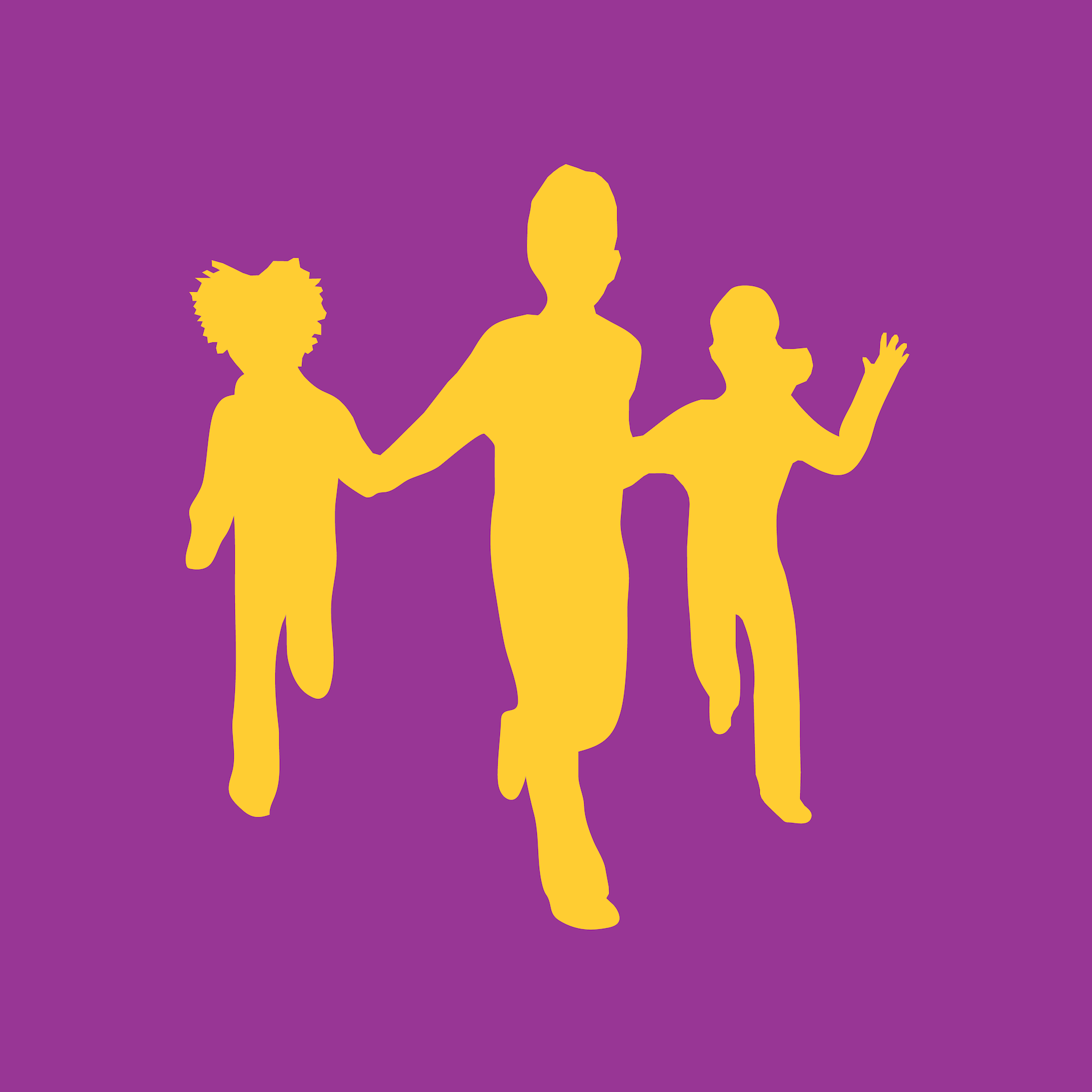 yellow silhouette of children holding hands running